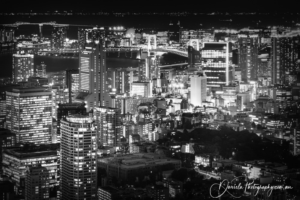 Japan Tokyo illuminated at night with Rainbow Bridge in background
